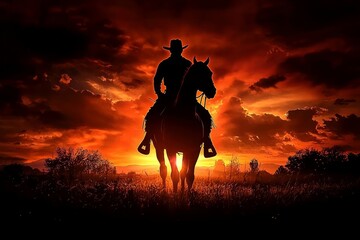 Fototapeta premium The tranquil beauty of a sunset landscape featuring a cowboy and his horse.