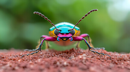 Fototapeta premium Jewel beetle close-up, vibrant colors, forest background, nature photography