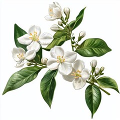 Naklejka premium Beautiful Jasmine Flowers with Lush Green Leaves Showcasing Nature's Elegance in a Serene Botanical Arrangement