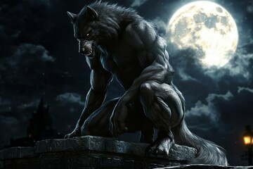 Fototapeta premium Full moon illuminates a detailed werewolf in a striking night scene.