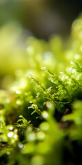 Lush green moss closeup with sunlight creating vibrant natural textures on forest floor tranquility concept