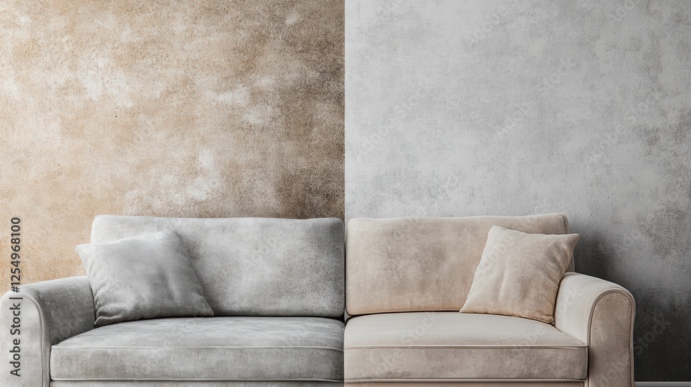 Poster comparison of dusty and clean furniture surfaces showing before and after cleaning effects. generati
