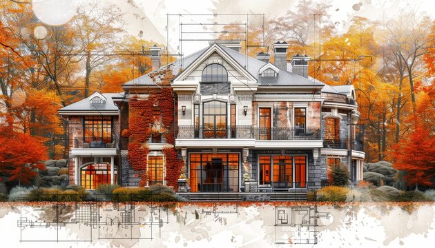Detailed architectural illustration of an old mansion with blueprint amidst autumn trees