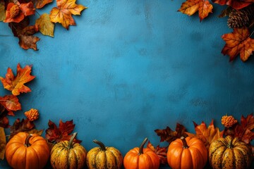 Festive autumn scene with pumpkins against a striking blue background.