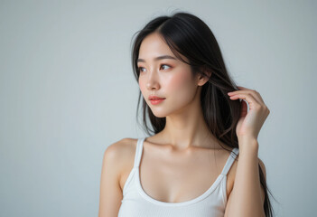 Naklejka premium ヘアオイルやヘアコスメなどを使って、ストレートロングヘアのお手入れをしている若い女性。