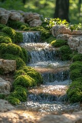 Obraz premium Serene waterfall flows over stone steps surrounded by lush green moss in a tranquil woodland setting during daytime