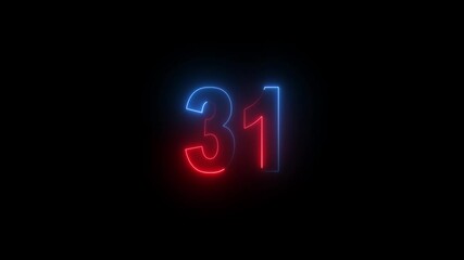 neon text 31 number countdown icon background 4k animation .Neon number 31 with alpha channel, neon numbers, Bright neon glowing number 31, Energy Neon red Number 31 Animation