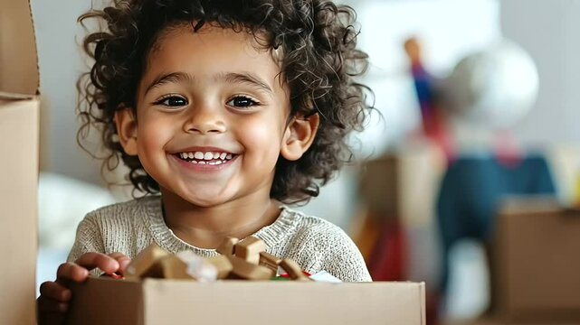 Child Donating Toys at Charity Drive with a Joyful Smile