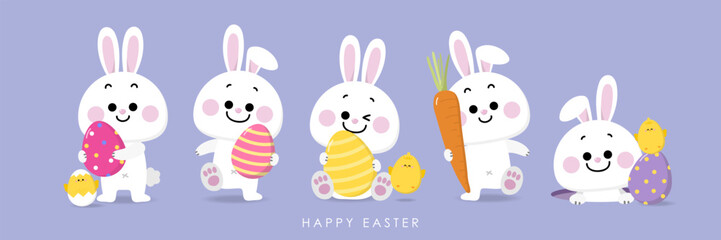 Happy Easter greeting card with cute yellow chick, colourful eggs, bunny and rabbit. Animal wildlife holiday cartoon character. -Vector. © Dusida