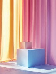 Minimal geometric composition with a cube and vibrant lighting