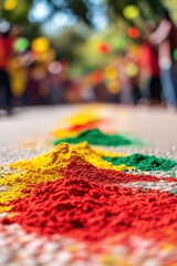 Fototapeta premium Vibrant powders create colorful patterns on ground, celebrating