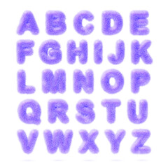 3d purple fluffy alphabet with hairy texture, cute fur type font. Funny furry English letters for fun education game kids. Isolated fuzzy wool Latin script, render fashion typeface. 3D illustration © marozhkastudio