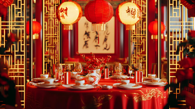 Vibrant Chinese Restaurant Interior with Elegant Decorations