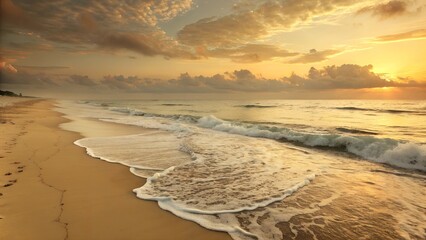 Golden Sunrise Beach: Gentle waves caress the sandy shore at sunrise, casting a warm golden light across the ocean and sky. Footprints in the sand add a sense of serenity and peace. 