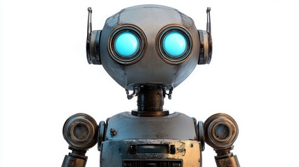 Close-up of a vintage, metallic robot with glowing blue eyes against a white background.