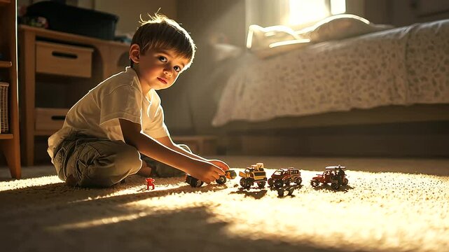 Child Engaging Imagination with Toys on Bedroom Floor Scene