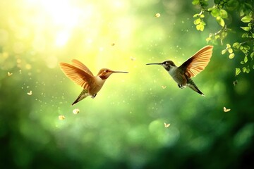 Fototapeta premium Two hummingbirds in flight, facing each other amidst a sunlit, lush green forest with floating petals and butterflies.
