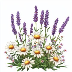 Vibrant Flower Arrangement Featuring Lavender and Daisies with Greenery Against a Clean White Background