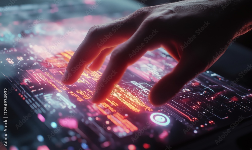 Poster futuristic touchscreen interface interaction with glowing data and holographic elements