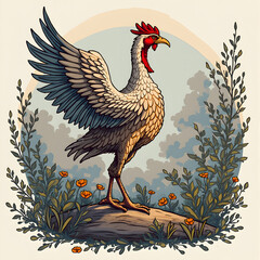 Whimsical Rooster Illustration: Artistic Chicken with Open Wings on Rock, Surrounded by Flowers & Foliage - Charming Bird Art Print for Home Decor