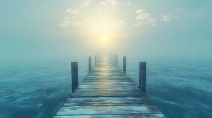 Fototapeta premium Serene Journey Wooden Pier Leading to a Glowing Horizon in a Misty Calm Ocean Landscape