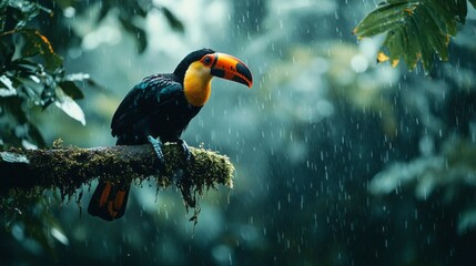 Fototapeta premium A vibrant toucan with a striking orange and yellow beak sits gracefully on a moss-covered branch. Raindrops fall around it, creating a serene atmosphere in the tropical rainforest