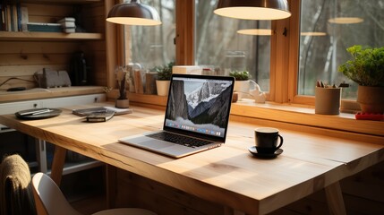 Fototapeta premium notebook light wood table top