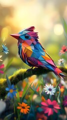 Colorful abstract art of a bird perched on a mossy branch
