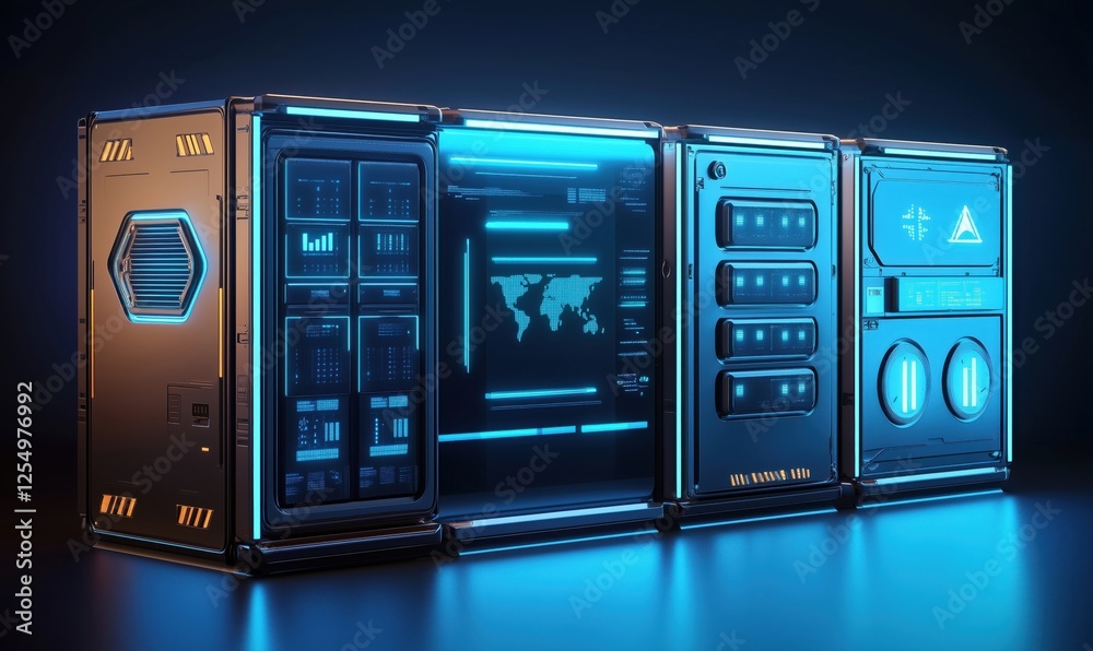 Poster futuristic data center with interactive displays and high-tech interfaces