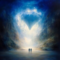 Obraz premium Ethereal Pilgrimage Two Figures Journey Through Dreamlike Landscape Mystic Sky Above Serene Water