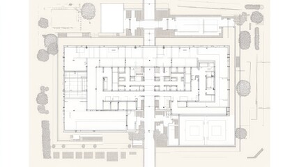 Architectural floor plan of a large building, showing rooms, corridors, and landscaping.