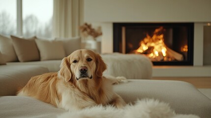 Obraz na płótnie Canvas Golden Retriever Relaxing on Sofa Near Fireplace in Cozy Home Interior Warm and Inviting