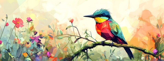 Fototapeta premium Colorful abstract art of a bird perched on a mossy branch 