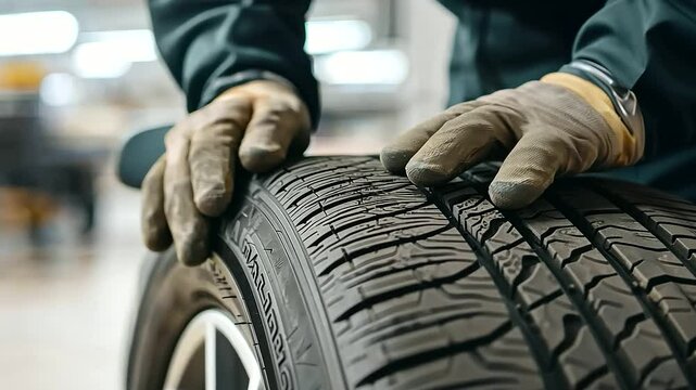 Close-Up Inspection of Tire Tread for Wear and Replacement