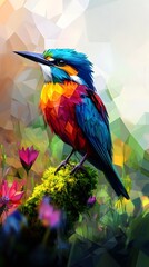 Obraz premium Colorful abstract art of a bird perched on a mossy branch 