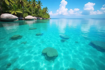 Coral Reef in the Crystal Clear Sea of a Tropical Paradise with Blue-Green Waters and Sunny Skies