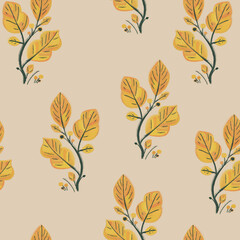 Three yellow leaves on a branch. Foliage autumn illustration. Cozy seamless botanical pattern. Beige wallpaper texture.