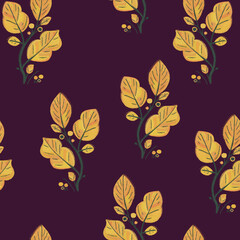 Floral autumn seamless pattern. Yellow leaves on a burgundy wine background. Exquisite vintage hand drawn wallpaper. Nature forest texture.