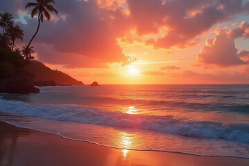 A vibrant sunset over the beach with reflections on the ocean, the sky filled with orange hues and soft clouds, creating a serene evening landscape at the horizon