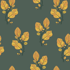 Yellow leaves natural folk seamless pattern. Elegant bushes illustration. Autumn summer texture for eco wallpaper