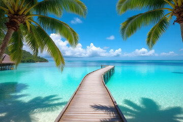 A tropical beach resort with palm trees, crystal-clear water, and sandy shores under a sunny sky, capturing the essence of a serene, exotic getaway