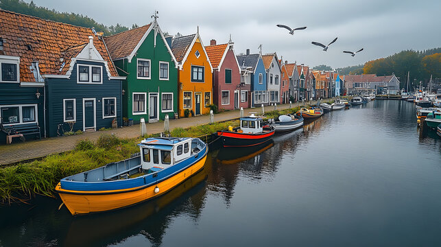 A picturesque photography of a Dutch fishing village, with colorful boats docked in the harbor, quaint houses lining the shore, and seagulls soaring overhead.