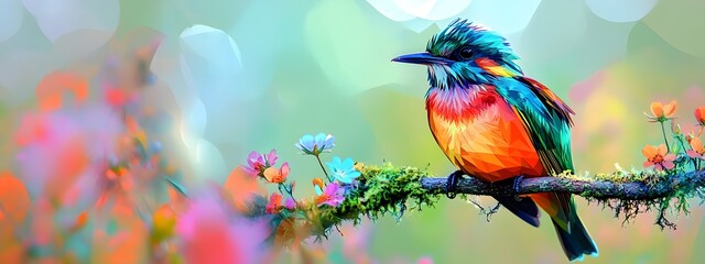 Colorful abstract art of a bird perched on a mossy branch
