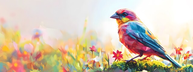 Colorful abstract art of a bird perched on a mossy branch

