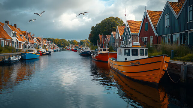 A picturesque photography of a Dutch fishing village, with colorful boats docked in the harbor, quaint houses lining the shore, and seagulls soaring overhead.