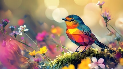 Colorful abstract art of a bird perched on a mossy branch
