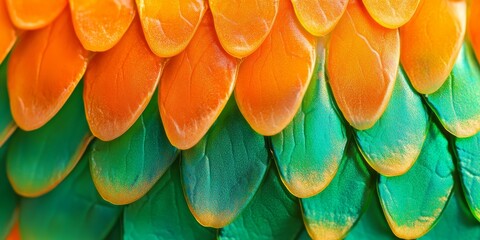 Vibrant green-orange bird feathers closeup
