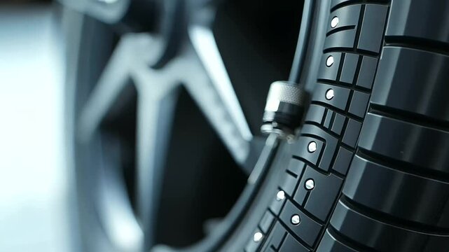 Close-Up of a Tire Pressure Gauge Checking a New Tire