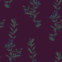 Floral summer seamless pattern. Dark green leaves with blue berries on a burgundy wine background. Exquisite vintage hand drawn wallpaper. Nature forest texture.