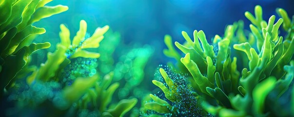 Marine research microscopic concept. Vibrant underwater scene showcasing lush green algae in a serene blue ocean.